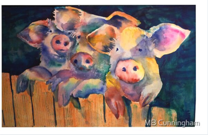 Pigs on Fence Wall Art Watercolor